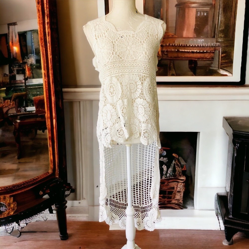 $10 SALE! NWT Gimmicks Boho White Crochet High Low Beach Cover Up Dress NEW